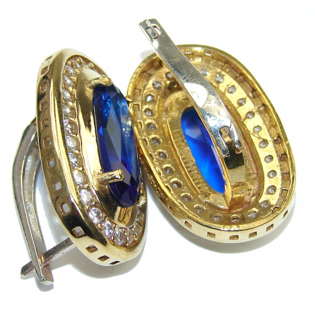 Created Blue Sapphire & White Topaz Golden tone Sterling Silver earrings
