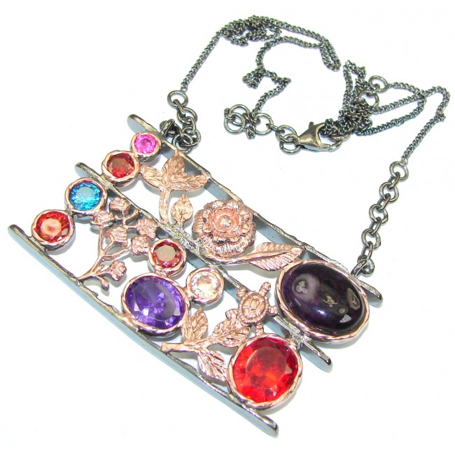 Exclusive Design! Black Onyx & Multicolor Quartz, Rose Gold Plated, Rhodium Plated Sterling Silver necklace