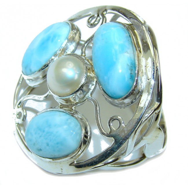 Natural Beauty AAA Blue Larimar & Fresh Water Pearl Sterling Silver Ring s. 8 1/4