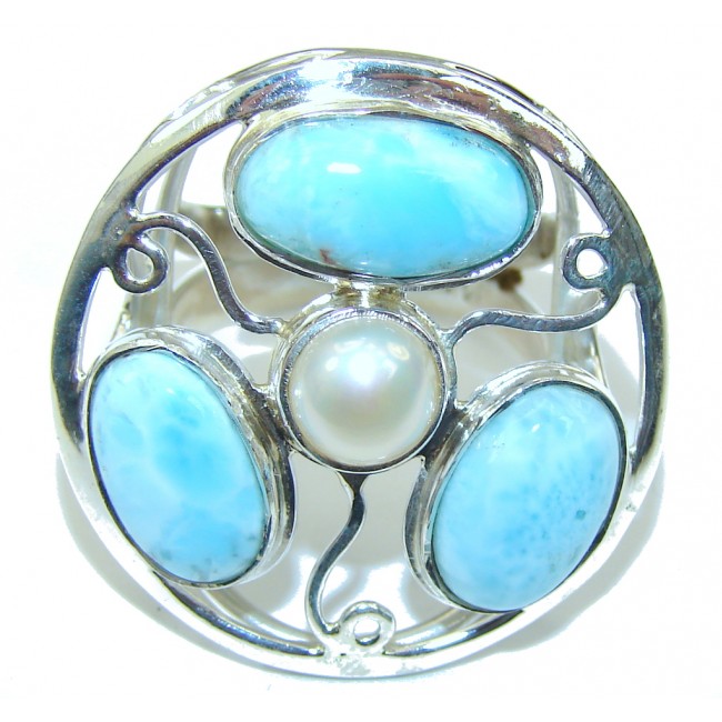 Natural Beauty AAA Blue Larimar & Fresh Water Pearl Sterling Silver Ring s. 8 1/4