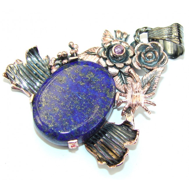 Beautiful AAA Blue Lapis Lazuli & Amethyst, Rose Gold Plated, Rhodium Plated Sterling Silver Pendant