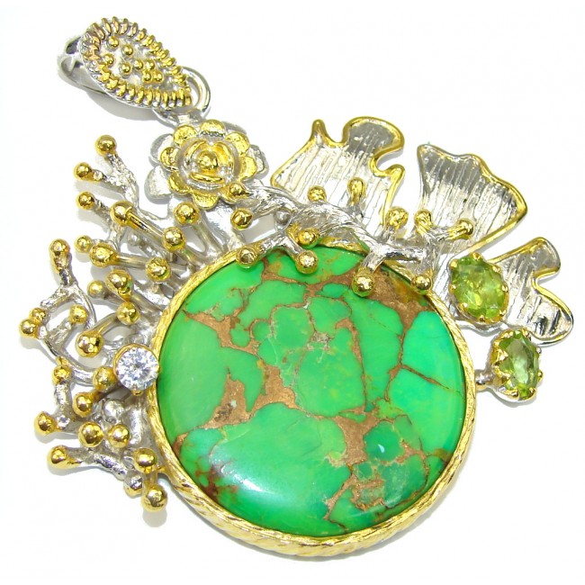 Big! Coral Reef Copper Green Turquoise, Two Tones Sterling Silver Pendant