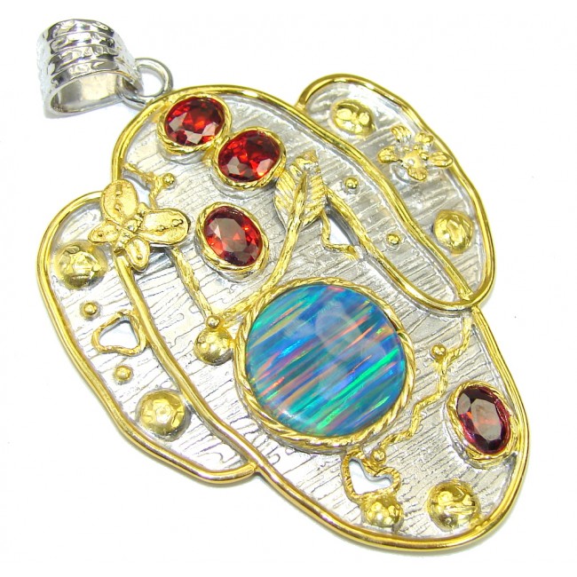 Exclusive! AAA Japanese Fire Opal & Garnet, Two Tones Sterling Silver pendant