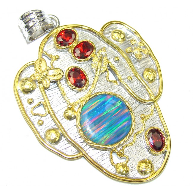 Exclusive! AAA Japanese Fire Opal & Garnet, Two Tones Sterling Silver pendant