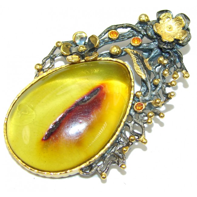 Natural Beauty! AAA Green Baltic Polish Amber, Gold Plated, Rhodium Plated Sterling Silver Pendant