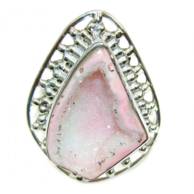 Big! Classy Light Pink Agate Druzy Sterling Silver Ring s. 9