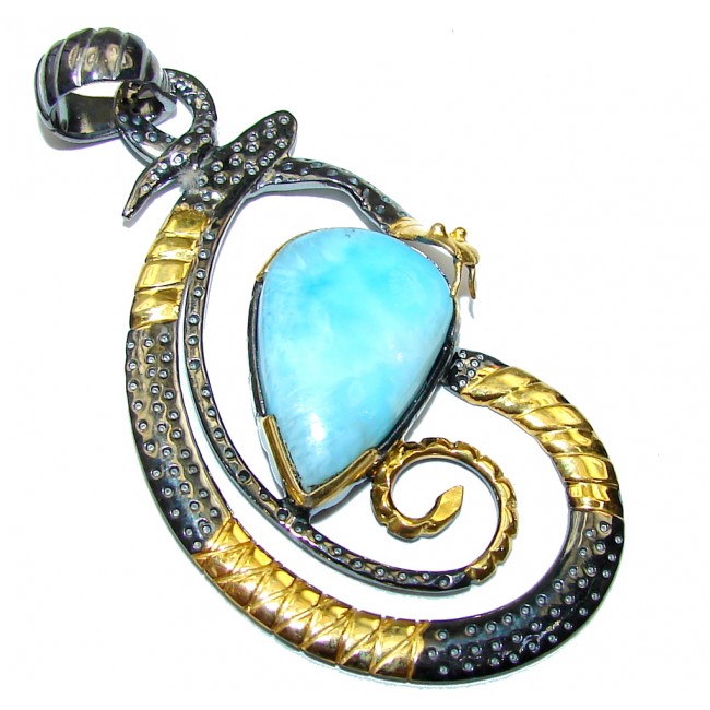 Exclusive Design! AAA Blue Larimar, Gold Plated, Rhodium Plated Sterling Silver Pendant