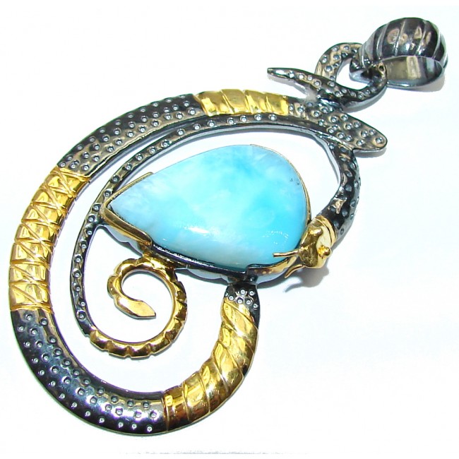 Exclusive Design! AAA Blue Larimar, Gold Plated, Rhodium Plated Sterling Silver Pendant