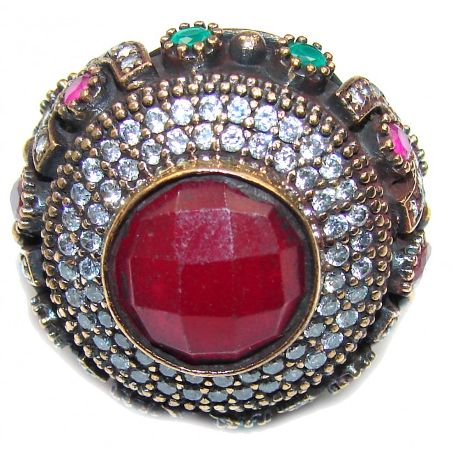 Victorian Style! Ruby & Emerald & White Topaz Sterling Silver Ring s. 9 1/4