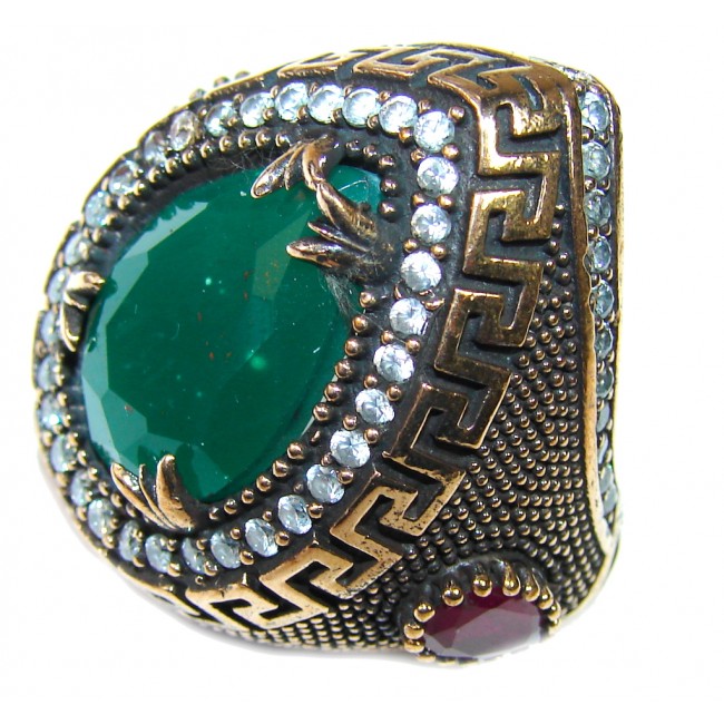 Victorian Design! Emerald & White Topaz Sterling Silver Ring s. 7 1/4