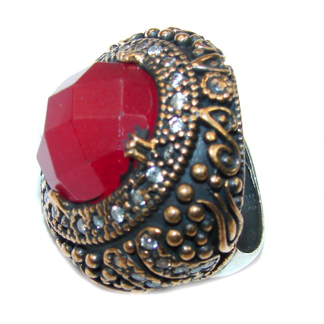 Victorian Style! Red created Ruby & White Topaz Sterling Silver Ring s. 7 1/4