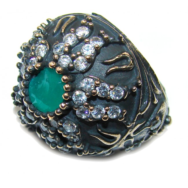 Vintage Style! Emerald & White Topaz Sterling Silver Ring s. 6 1/4