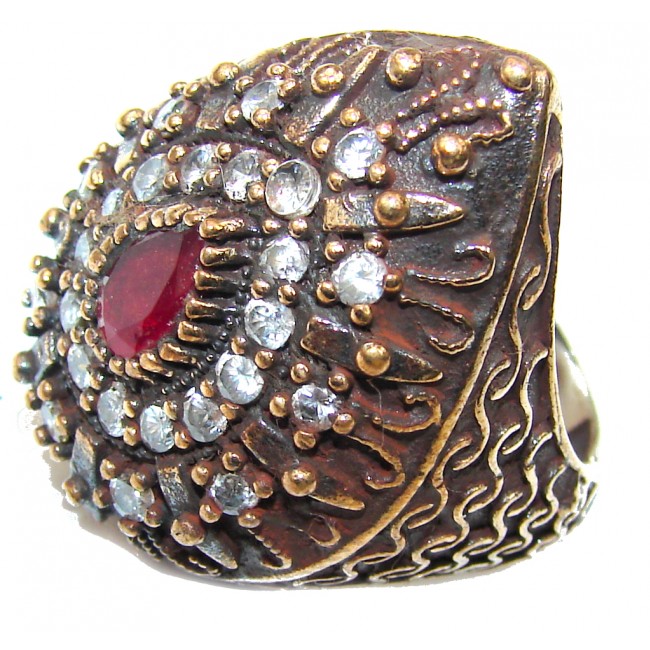 Victorian Style! Red Ruby & White Topaz Sterling Silver Ring s. 6 1/2