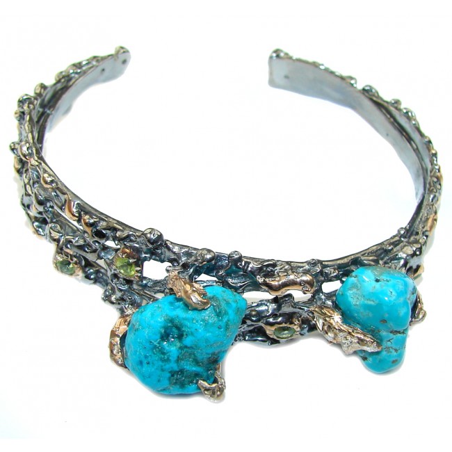 Genuine Rough Blue Turquoise Sterling Silver Bracelet / Cuff