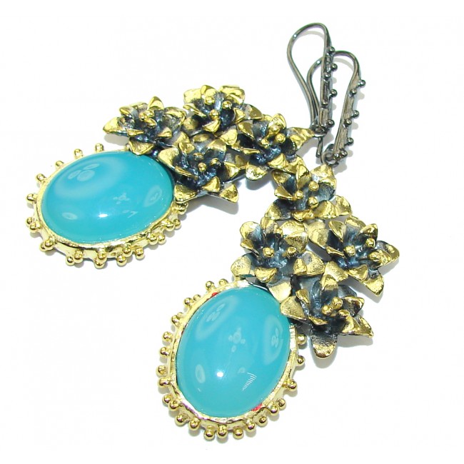 Long! Vintage Floral Design Blue Agate Sterling Silver earrings