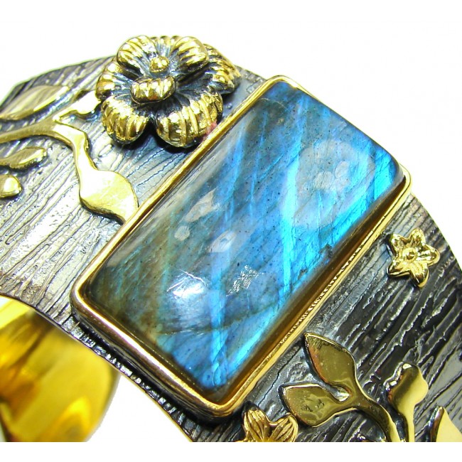 Stunning AAA Blue Labradorite, Gold Plated, Rhodium Plated Sterling Silver Bracelet / Cuff