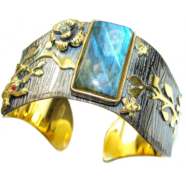 Stunning AAA Blue Labradorite, Gold Plated, Rhodium Plated Sterling Silver Bracelet / Cuff