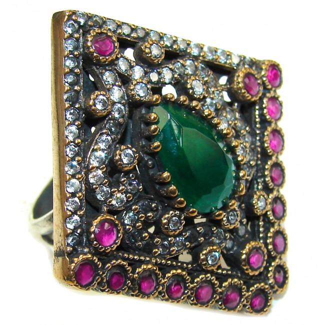 Victorian Style created Emerald & White Topaz Ruby Sterling Silver Ring s. 7