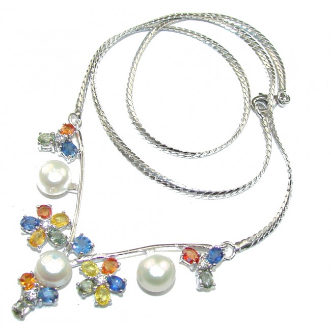 Natural White Pearl & Multicolor Sapphire Sterling Silver necklace