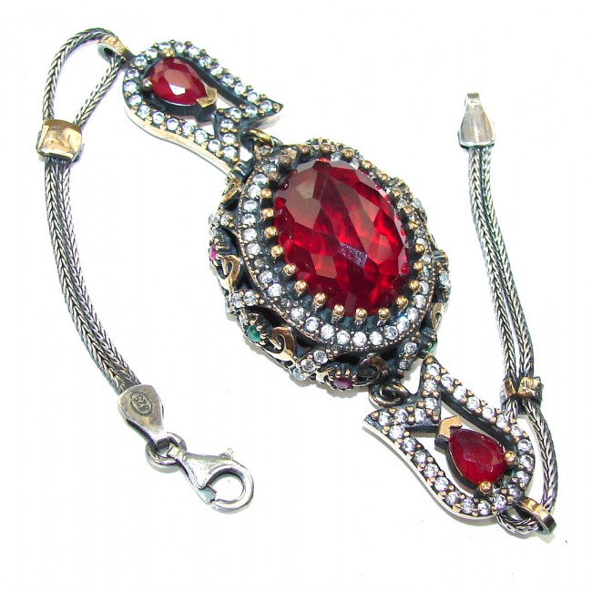 Victorian Style! Ruby Quartz & White Topaz Sterling Silver Bracelet