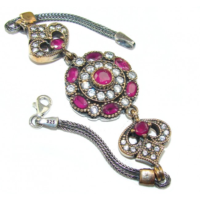 Victorian Style! Pink Ruby & White Topaz Sterling Silver Bracelet