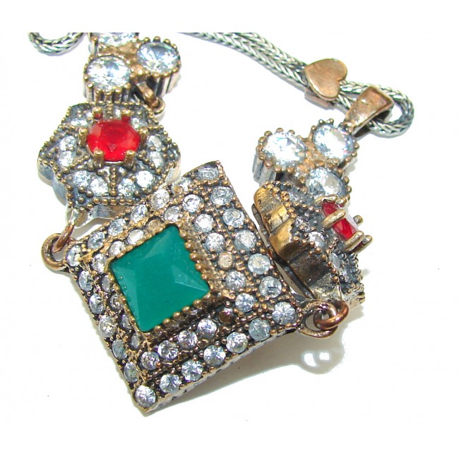 Victorian Style! Green Emerald & Ruby & White Topaz Sterling Silver Bracelet
