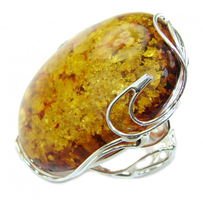 Oversized! Stunning Baltic Polish Amber Sterling Silver Ring s. 8 -adjustable