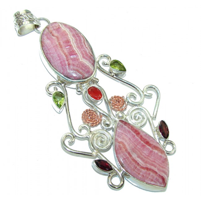 Massive 4 inches long Pink Rhodochrosite Sterling Silver Pendant