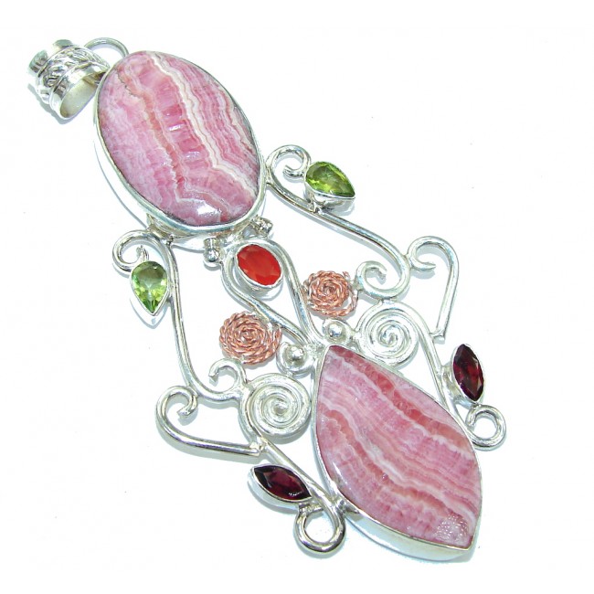 Massive 4 inches long Pink Rhodochrosite Sterling Silver Pendant