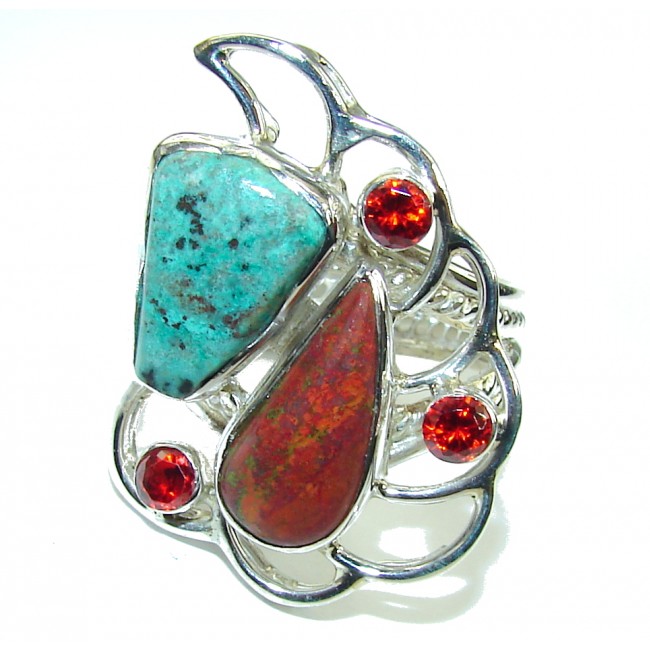 Amazing Red Sonora Jasper & Garnet Sterling Silver Ring s. 9
