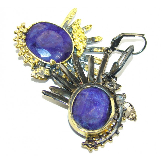 Stunning Natural Blue Sapphire, Gold Plated, Rhodium Plated Sterling Silver earrings