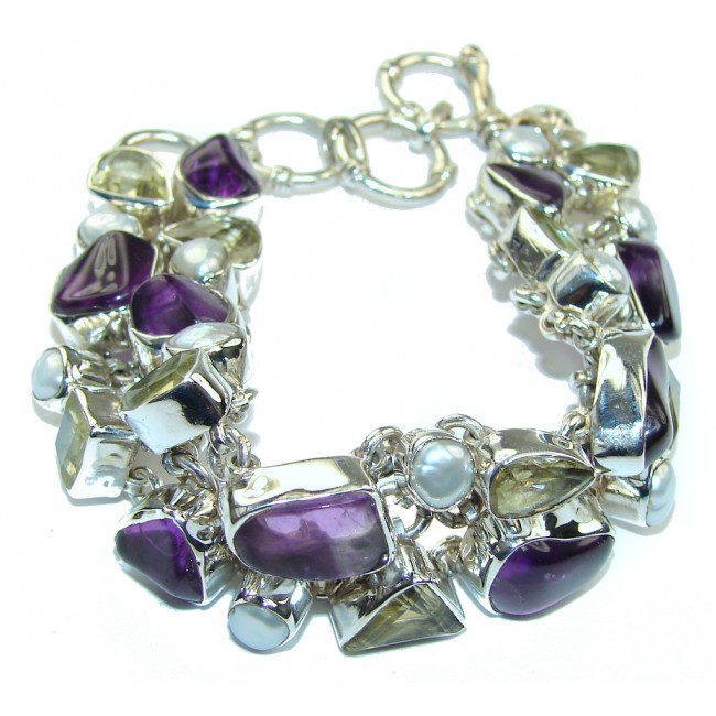 Tropical Glow! Purple Amethyst & Citrine & Fresh Water Pearl Sterling Silver Bracelet