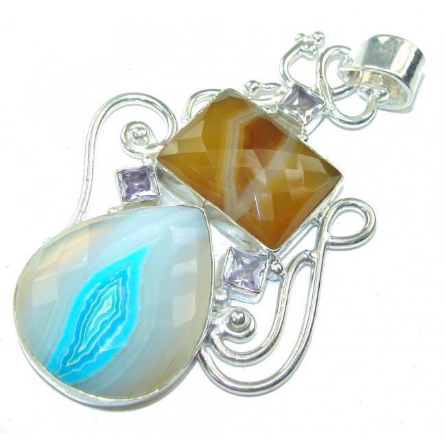 Large! Excellent Multicolor Botswana Agate Sterling Silver Pendant