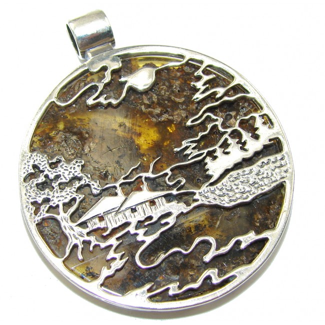 Chinese Village! Baltic Polish Amber Sterling Silver Pendant