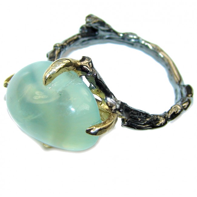 Delicate AAA Moss Prehnite, Gold pLated, Rhodium Plated Sterling Silver ring; s. 9