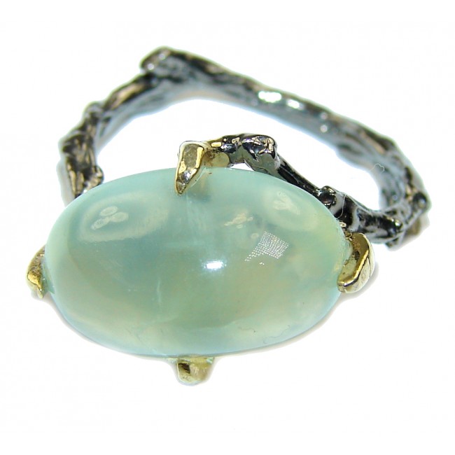 Delicate AAA Moss Prehnite, Gold pLated, Rhodium Plated Sterling Silver ring; s. 9