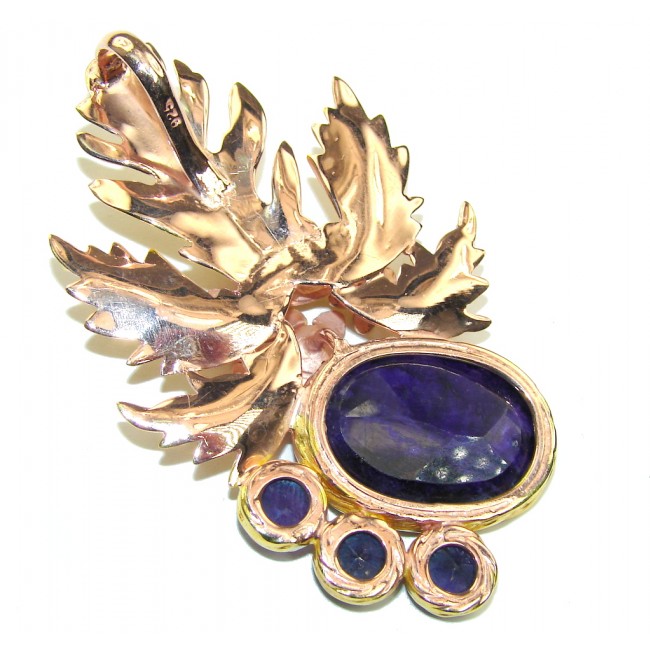 Big! AAA Natural Blue Sapphire, Rose & Gold Plated Sterling Silver Pendant