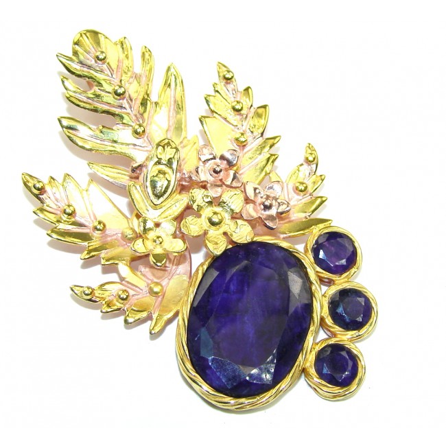 Big! AAA Natural Blue Sapphire, Rose & Gold Plated Sterling Silver Pendant