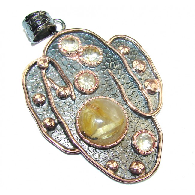 Big! Modern Conept Golden Rutilated Quartz, Rose Gold Plated, Rhodium Plated Sterling Silver Pendant