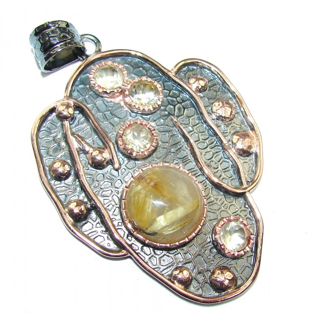 Big! Modern Conept Golden Rutilated Quartz, Rose Gold Plated, Rhodium Plated Sterling Silver Pendant
