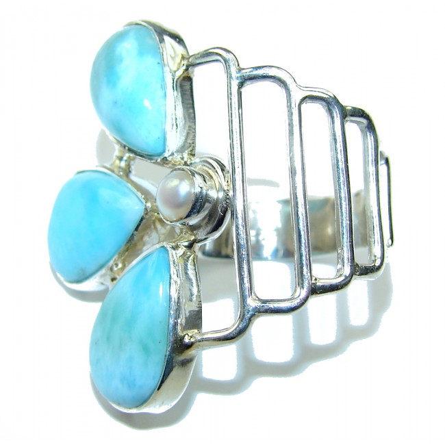 Perfect Style AAA Blue Larimar & Fresh Water Pearl Sterling Silver Ring s. 7 1/4