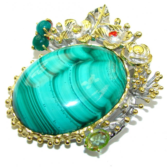 Exclusive AAA Green Malachite, Two Tones Sterling Silver Pendant