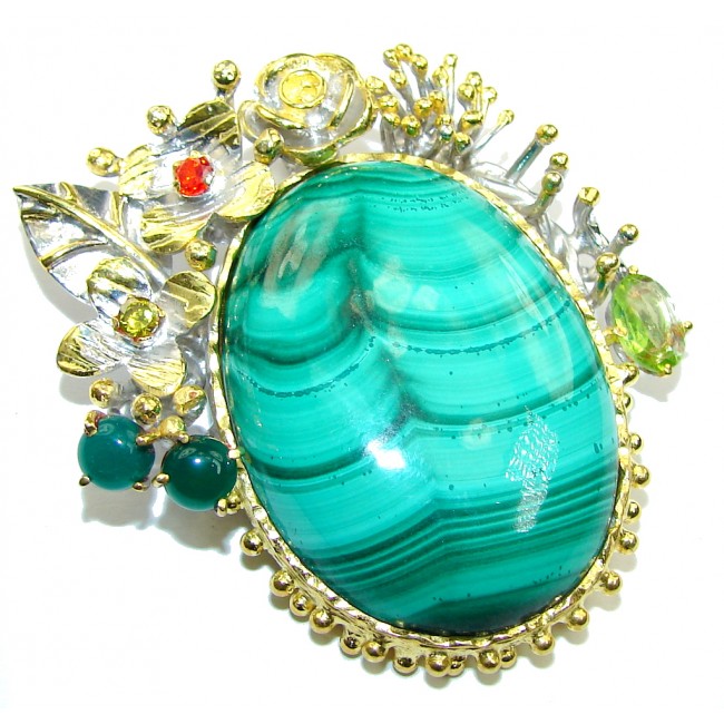 Exclusive AAA Green Malachite, Two Tones Sterling Silver Pendant
