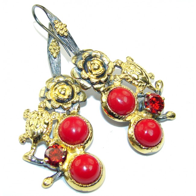 True Love AAA Red Coral & Garnet, Gold PLated, Rhodium Plated Sterling Silver earrings