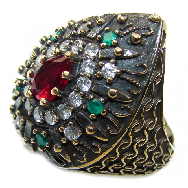 Victorian Style! Red Ruby & Emerald & White Topaz Sterling Silver Ring s. 6 1/2