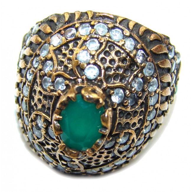 Victorian Style! Emerald & White Topaz Sterling Silver Ring s. 5 1/4