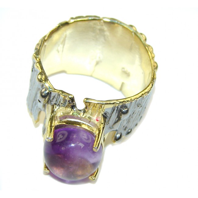 Precious Purple Amethyst, Two Tones Sterling Silver Ring s. 9