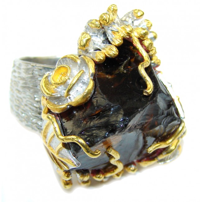 Huge! Rough Smoky Topaz, Two Tones Sterling Silver ring s. 6 1/4