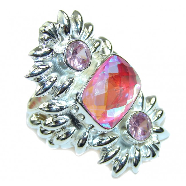 Big! Secret Pink Dichroid Glass Sterling Silver Ring s. 7