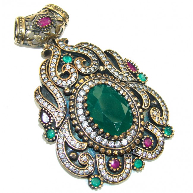 Large! Victorian Style Red Ruby & Emerald & White Topaz Sterling Silver Pendant